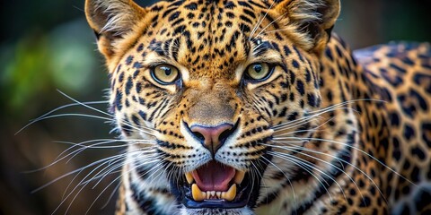 Close up portrait of a fierce and roaring leopard