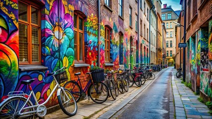Empty street with colorful graffiti walls and a row of bicycles parked along the sidewalk, with...