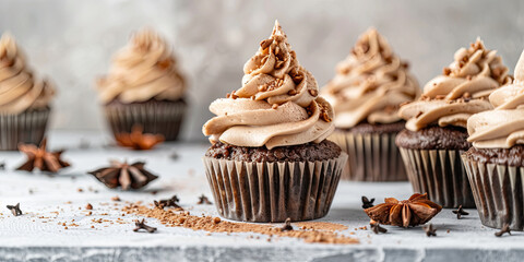 chocolatey cupcakes with caramel frosting and sprinkles of cacao powder on top, generative AI