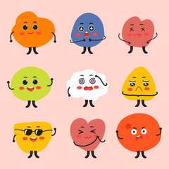 set of funny monsters or random shape with various emoticon emoji isolated clipart vector 