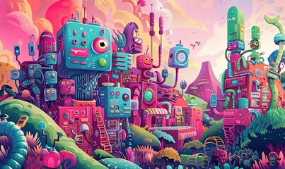 cheerful modern cartoon city full color and tall building cute plant cartoon character ai generated