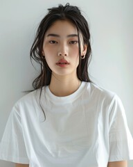 Fototapeta premium Portrait of an Asian Woman in a White T-Shirt. Generative AI.