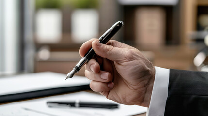 Businessman's Hand Holding Pen Signing Important Document on Desk in Corporate Office Setting