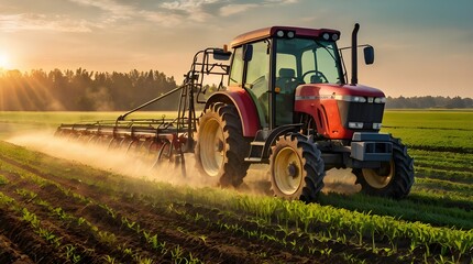 Obraz premium irrigation tractor driving spraying or harvesting an agricultural crop at sunset with information infographic data datum as banner design for agriculture industry and food supply production concepts.