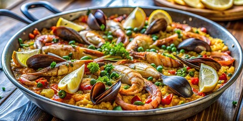 Close-up of Spanish paella in a frying pan, prepared in a restaurant
