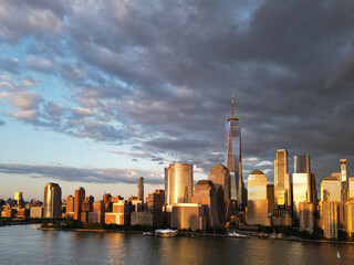 NYC, New York City Skyline with dramatic sky. American Urban Skyscrapers USA near dramatic clouds....