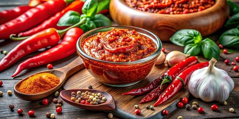 Delicious traditional Tunisian hot chili pepper paste Harissa with ingredients