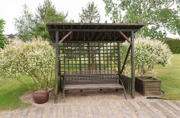 Wooden arbor and bench with flowering willows in the garden. Spring in park. Landscape design. 