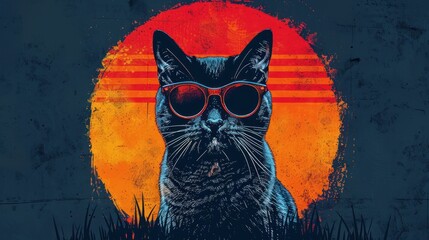 Cool cat with sunglasses, retro sunset background, bold text, vintage distressed texture, red to blue gradient, grass silhouette at bottom, circle backdrop, black rimmed glasses, confident