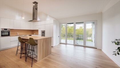 Kitchen Interior in a Luxurious New Home"
"Contemporary Comfort: Bright and Minimal Kitchen Design with Island and Wooden Flooring"