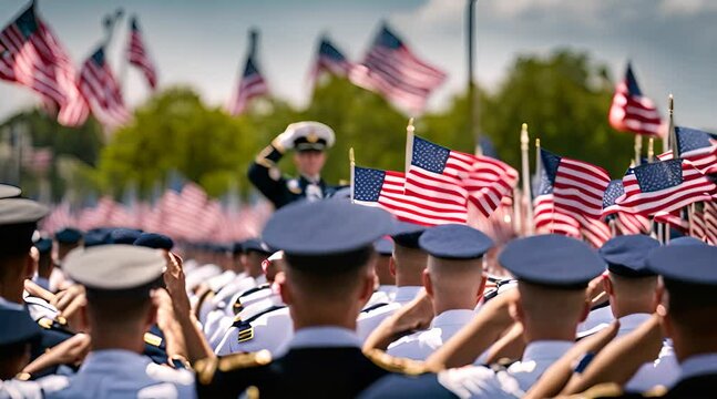 Blurred Background Scene. Veterans Saluting Flag during Memorial Day Parade