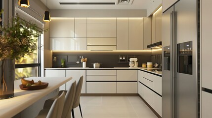 contemporary living in a kitchen that embodies the principles of minimalism, with clean lines, neutral tones, and high-tech appliances 