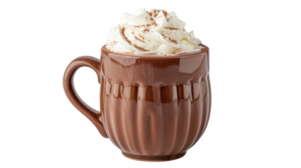 A delicious hot chocolate topped with whipped cream in a brown ceramic mug, perfect for cozy winter days and holiday celebrations.