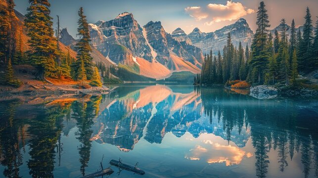 Tranquil lake reflecting gigantic mountains. Perfect for nature and travel related contents.