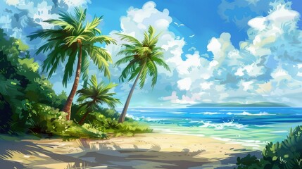 Obraz premium Abstract background of tropical palm trees on sandy shoreline. Suitable for nature and travel related contents.