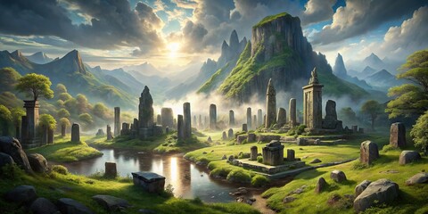 Norse and Viking mythology inspired landscape featuring mystical runes and ancient ruins