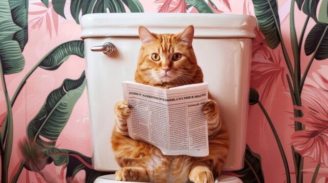 Yellow cat on Toilet Print, Animal on Toilet Funny Bathroom Wall Art, Tropical Pink Botanical Bathroom Humour Art Print, Animal Reading Newspaper