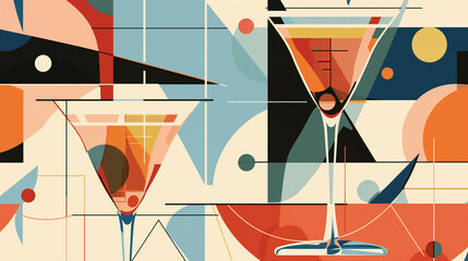An abstract design featuring geometric shapes and martini glasses, adding a modern and artistic touch, abstract design, National Martini Day, with copy space
