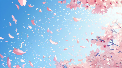 A blue sky with pink cherry blossoms falling from the trees
