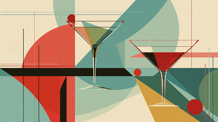 An abstract design featuring geometric shapes and martini glasses, adding a modern and artistic touch, abstract design, National Martini Day, with copy space