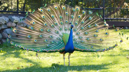 Obraz premium a peacock stands in a grassy area surrounded by a metal and black fence, with its long legs visible in the foreground and a green shadow cast behind it