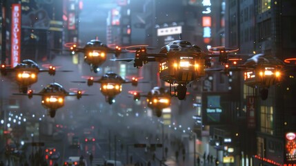 Fototapeta premium 5G-powered autonomous drones delivering packages in a busy urban environment