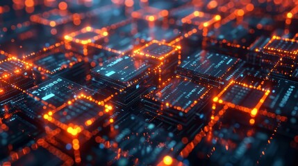 Blockchain network visualized as glowing interlinked blocks with a digital cityscape background