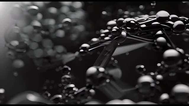 A close up of a molecule with many spheres surrounding it. The spheres are of different sizes and are scattered around the molecule. Concept of complexity and intricacy