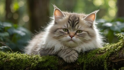 A cat napping peacefully on a bed of green moss in a natural.