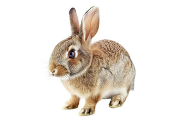 Obraz premium A cute, fluffy rabbit with brown and white fur sitting attentively against a white background, perfect for animal and wildlife themes.