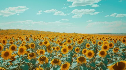 Obraz premium Close up image of vibrant sunflower field under blue sky. Fit for nature and travel related contents.