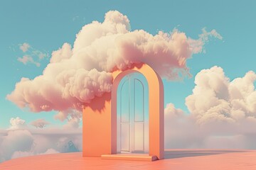 3d render of cloud in light coral background with sky blue arch door minimalistic