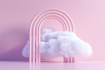 3d render of cloud in light purple background with cyan arch door minimalistic
