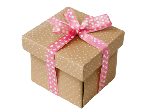 A beautifully wrapped gift box with a pink polka dot ribbon, perfect for celebrations, birthdays, or special occasions. Beige and pink theme.
