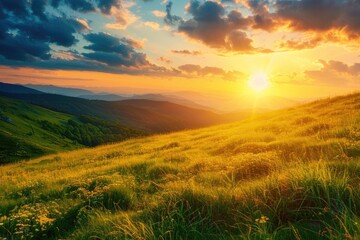 Rolling hills with a vibrant sunset background
