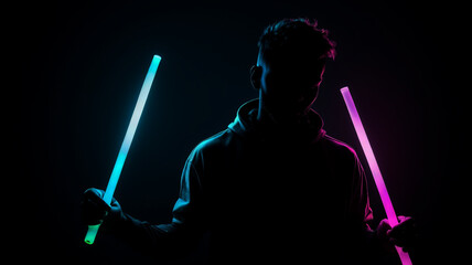 Silhouette of Raver Holding Glow Sticks with Minimal Lighting for Clean Composition