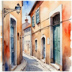 Fototapeta premium Watercolor illustration of a quiet alleyway in an old town with historic buildings