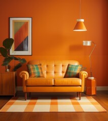 A vibrant orange retro living room with an elegant leather sofa, colorful plaid pillows, and bold geometric art on the wall. 