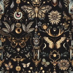 A seamless pattern showcasing detailed depictions of magical creatures, enchanted jewelry, and spell bottles