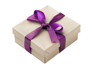 Obraz premium Elegant beige gift box with purple ribbon. Perfect for celebrations, holidays, and special occasions. Symbol of surprise and joy.