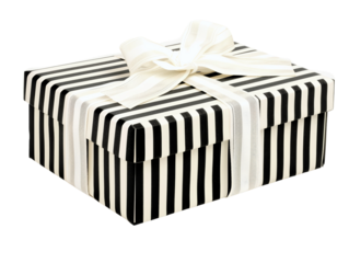 Elegant black and white striped gift box with a white ribbon bow, perfect for celebrations and special occasions.