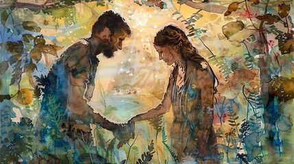Adam and Eve in the Garden of Eden, watercolor, pastel earth tones, biblical illustration
