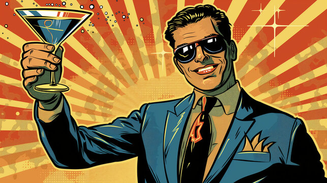 A comic book-style illustration of a bartender shaking a martini, adding a fun and dynamic element, comic book design, National Martini Day, with copy space