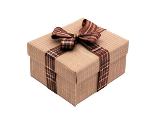 Elegant gift box with brown plaid wrapping and bow, perfect for celebration, gifts, and festive...