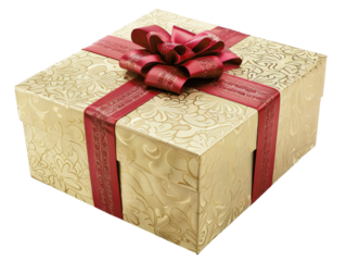 Elegant gift box with ornate gold wrapping paper and red ribbon for celebrations, presents, and special occasions. Perfect for Christmas or birthdays.