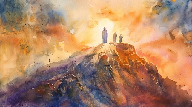 Jesus transfiguration on the mountain, watercolor, pastel earth tones, biblical scene