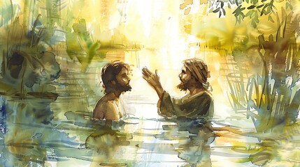 The baptism of Jesus by John the Baptist, watercolor, pastel earth tones, biblical illustration
