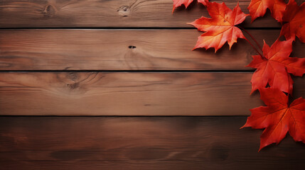 Frame of maple leaf on wooden background with text space, using natural light