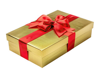 Obraz premium Elegant gold gift box with a red ribbon bow, perfect for festive occasions, celebrations, or special gift-giving moments.