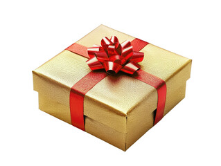Obraz premium Elegant gold gift box with vibrant red ribbon, perfect for special occasions, celebrations, or holiday presents.